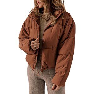 Women’s Brown 100% Polyester Warm Zip-Up Classic Quilted Puffer Jacket
